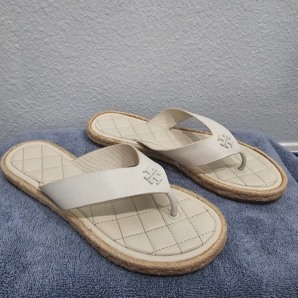 Tory Burch Ines Espadrille Thong Sandals White Leather Double T‎ Logo Flat 8M